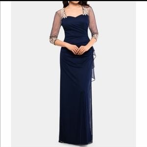 Xscape embellished navy gold Ruched Illusion sleeve chiffon dress gown size 4P